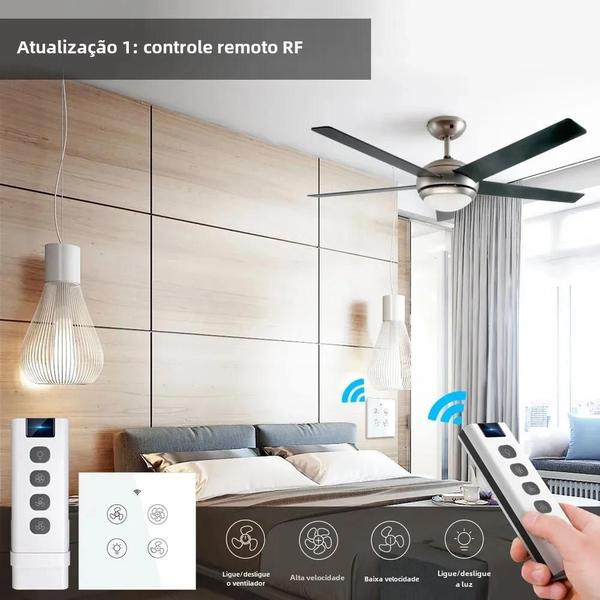 Imagem de Ventilador de Teto Inteligente Wi-Fi com Luz - 2/3 Vias, Controle Remoto e Velocidade