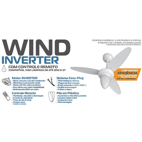 Ventilador de Teto Inverter Wind Branco com Controle Remoto Bivolt E-27 Ventisol Imagem de Ventilador de Teto Inverter Wind Branco com Controle Remoto Bivolt E-27 Ventisol