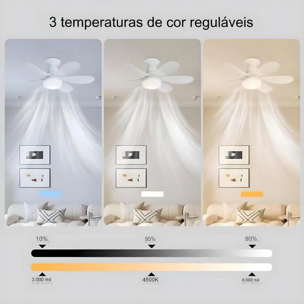 Imagem de Ventilador de Teto Lampada 6 Pas 52CM com Controle p/ sala cozinha quarto 40w 