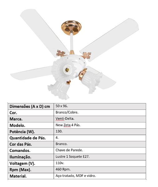 Imagem de Ventilador De Teto New Zeta 4 Pás de MDF Branco/Cobre 110V