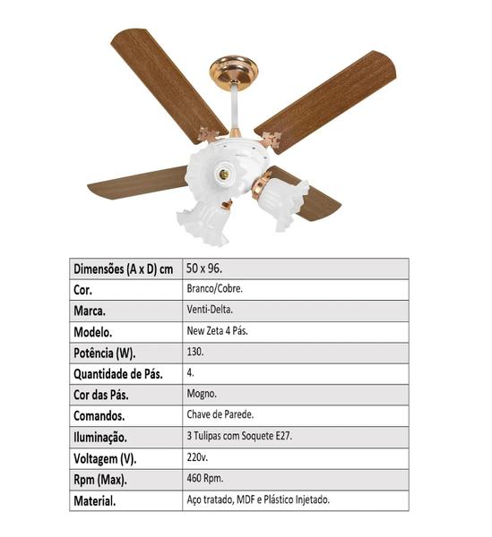 Imagem de Ventilador De Teto New Zeta 4 Pás Mg de MDF  Branco/Cobre 220v