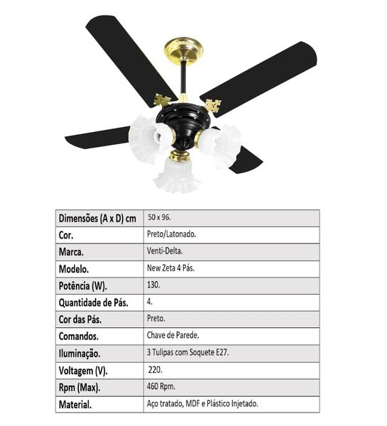 Imagem de Ventilador De Teto New Zeta Preto Com 4 Pás de MDF 220v