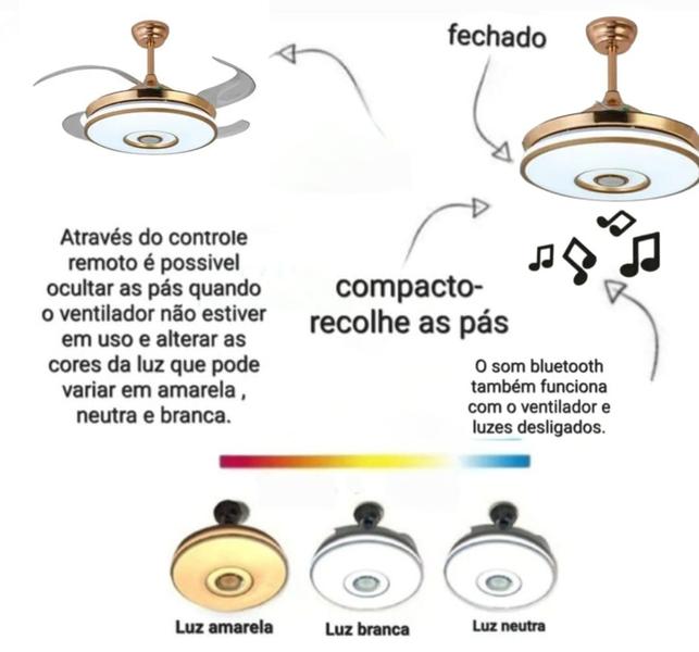 Imagem de Ventilador de teto retrátil Bivolt com 4 pás som e bluetooth