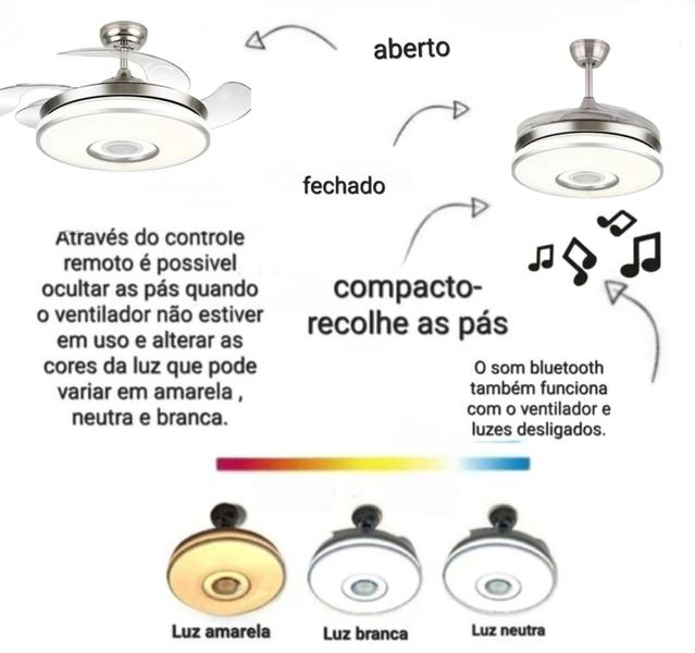 Imagem de ventilador de teto retrátil Bivolt som bluetooth.