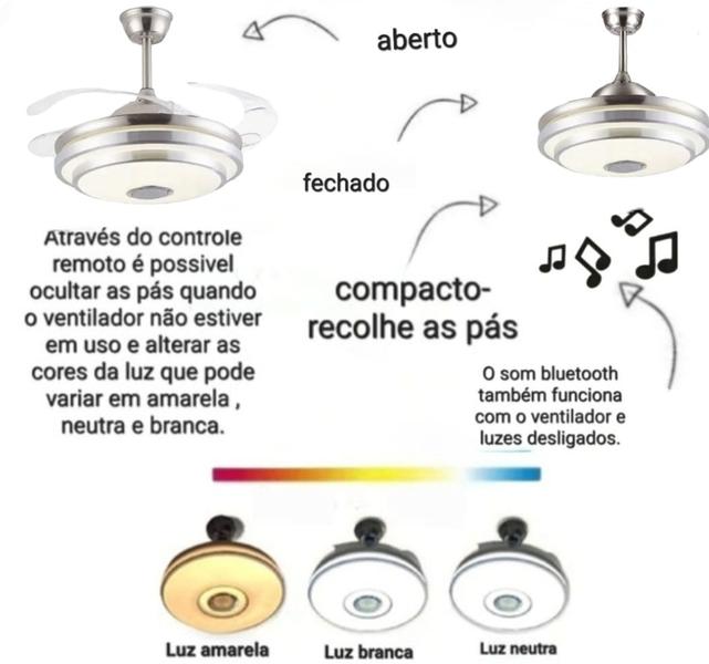 Imagem de ventilador de teto retrátil Bivolt som e bluetooth