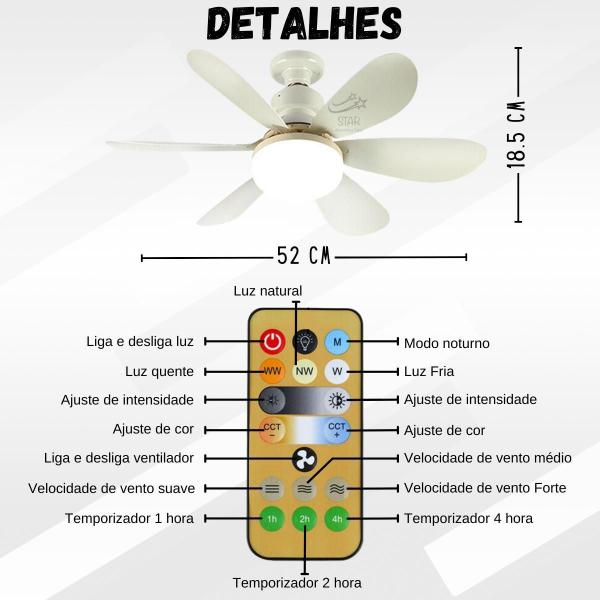 Imagem de Ventilador De Teto Silencioso Com 3 Velocidades E 3 Cores