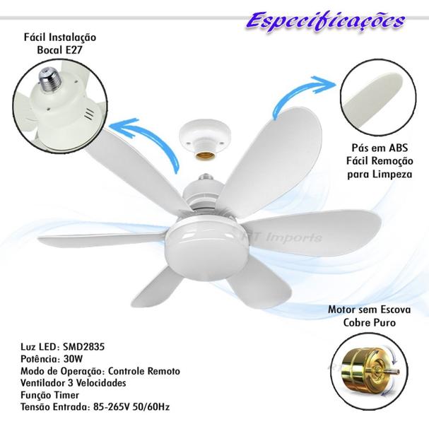 Imagem de Ventilador de Teto Silencioso de 3 Modos + Lâmpada Super Led Para Bocal