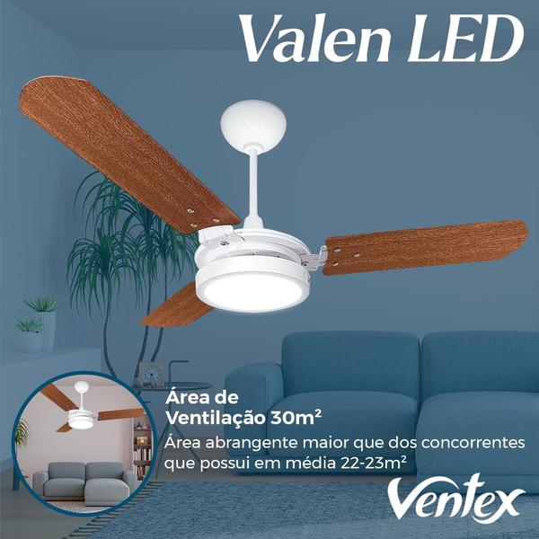 Imagem de Ventilador De Teto Valen Led 6500k 18w Branco e Mogno 3 Pás Motor Grande Potente Ventex