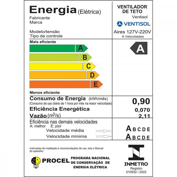 Imagem de Ventilador de Teto Ventisol Aires 3 Pás 105CM Bivolt Branco