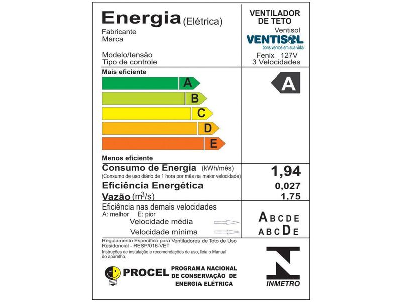 Imagem de Ventilador de Teto Ventisol Branco 3 Pás 3 Velocidades Premium Fênix