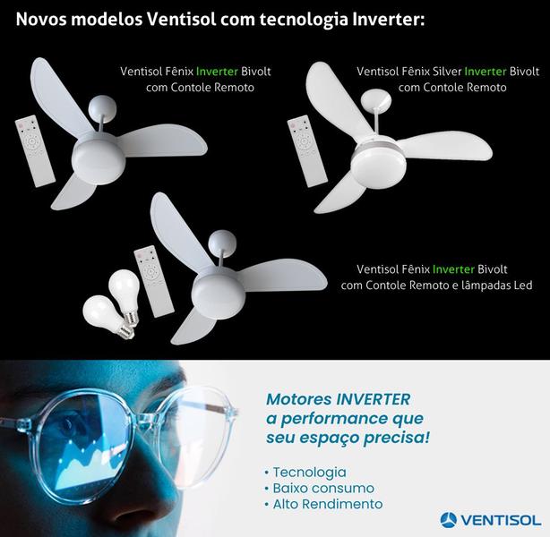 Ventilador de Teto Ventisol Fênix Black Inverter Controle Remoto, 6 Velocidades - Bivolt Imagem de Ventilador de Teto Ventisol Fênix Black Inverter Controle Remoto, 6 Velocidades - Bivolt
