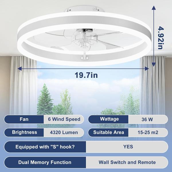 Imagem de Ventilador de teto VOLISUN Low Profile com luzes de 50 cm com controle remoto branco