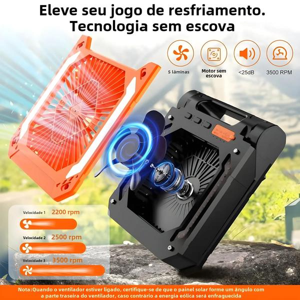 Imagem de Ventilador Elétrico Portátil Movido a Energia Solar 20000mAh Com Luz LED Carregamento USB Para