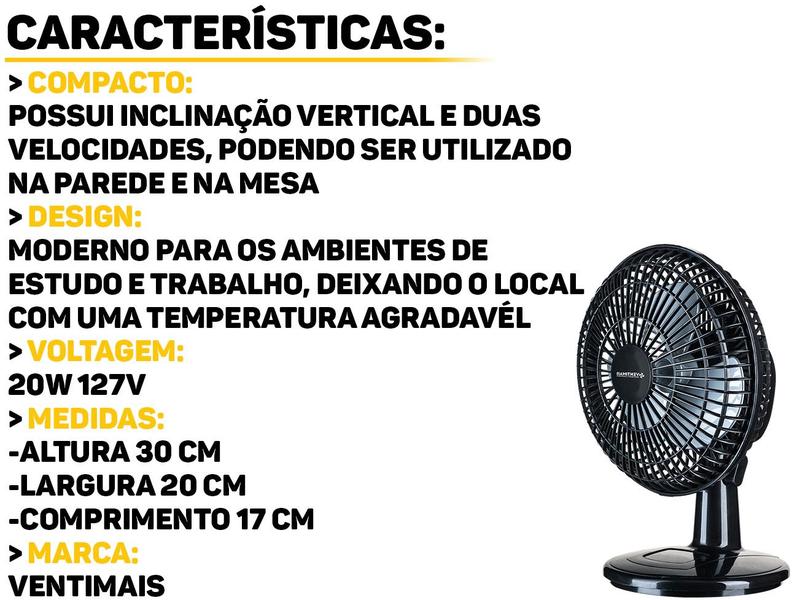 Imagem de Ventilador Mini Turbo Para Mesa Parede Três Pás Com Velocidade Ajustável Preto E Prata Ventimais 