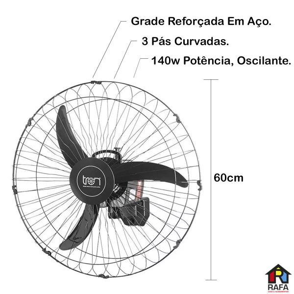 Imagem de Ventilador Oscilante de Parede 60 cm Tron Industrial Comercial Preto Silencioso 127v 220v