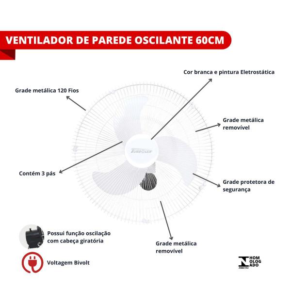 Imagem de Ventilador Oscilante de Parede 60cm 40 Fios Branco Bivolt - Vitalex