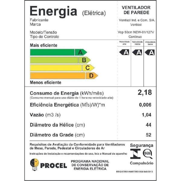 Imagem de Ventilador Parede Monta Facil 50cm 6p 11421 Ventisol