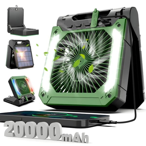 Imagem de Ventilador Portátil 20000mAh com Luz LED - Recarregável via USB e Solar - Ideal para Camping e Carro