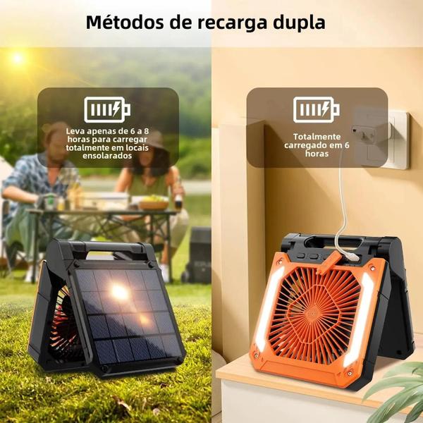 Imagem de Ventilador Portátil 20000mAh com Luz LED - Recarregável via USB e Solar - Ideal para Camping e Carro