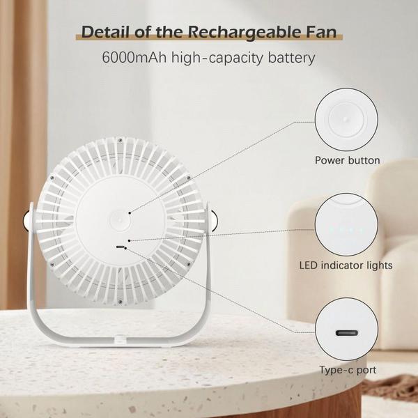 Imagem de Ventilador recarregável, bateria de 6000mAh, 4 velocidades com temporizador - Genérico