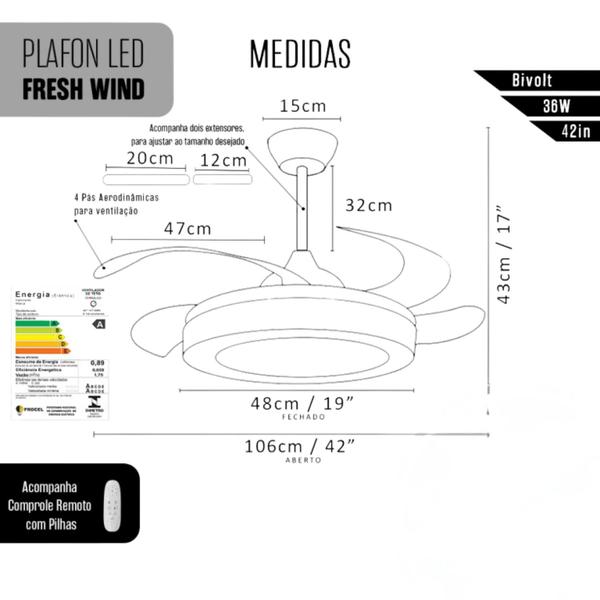 Imagem de Ventilador Retrátil Fleshwind Preto 106cm Led 36W 3 em 1 Bivolt