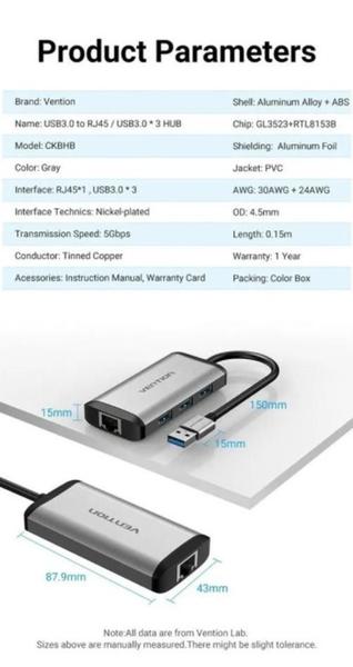 Imagem de Vention Usb3.0 Para Usb3.0 X 3 Rj45 Gigabit Ethernet Hub