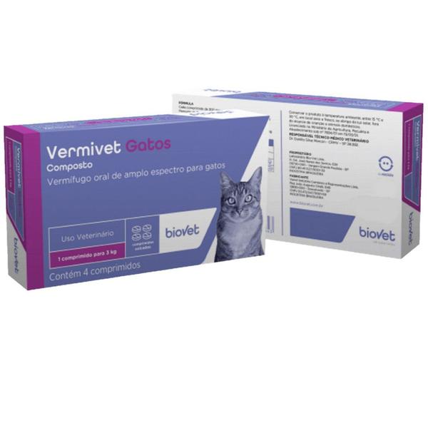 Imagem de Vermífugo para Gatos Vermivet 300mg C/ 4 Comprimidos - Kit c/ 2 caixas