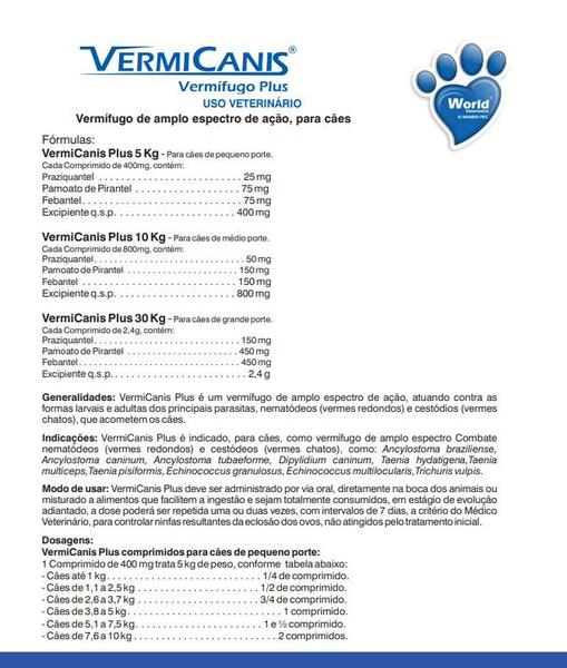 Imagem de Vermífugo Vermicanis Plus Para Cães De 30Kg 2 Comprimidos 2,4g World Veterinária