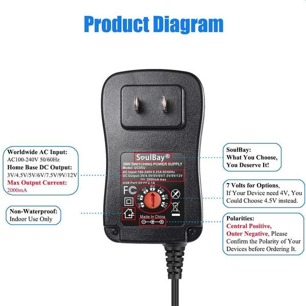 Imagem de Versão atualizada Fonte de alimentação de comutação de adaptador Universal AC/DC do SoulBay 30W Universal COM 8 dicas selecionáveis de adaptadores, incluindo micro plug USB, para 3V a 12V Eletrônica Doméstica e Tira LED - 2000mA Max