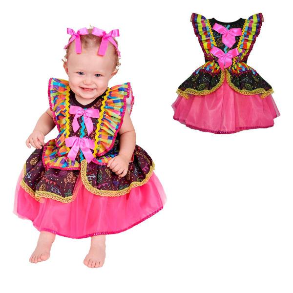 Vestido Bebe Festa Junina de Luxo Xadrez Rosa e Preto Roupa