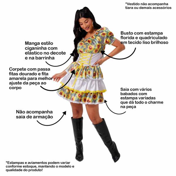 Imagem de Vestido de Festa Junina Feminina Noiva Caipira Girassol