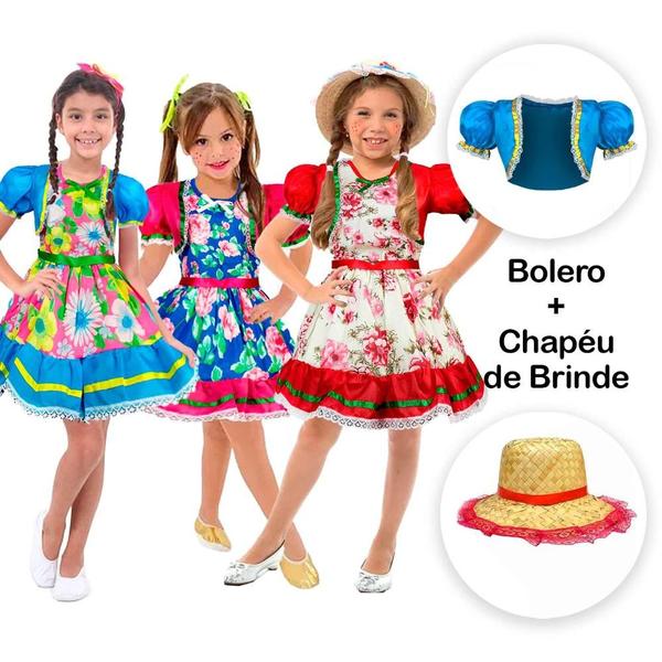 Imagem de Vestido de Festa Junina Infantil Fantasia Caipira Florido Com Chapéu