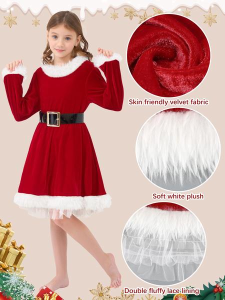 Imagem de Vestido de Papai Noel FancyFun para meninas de 11 a 13 anos com cinto, chapéu e meias