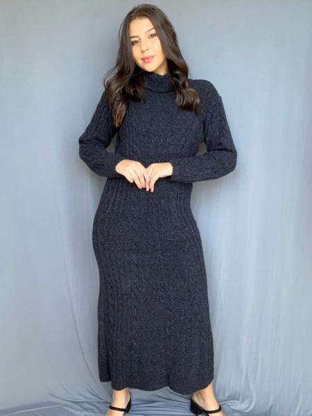 Imagem de Vestido de Tricot Feminino Longo Gola Alta Soltinho Tricô Inverno Mousse Elegante