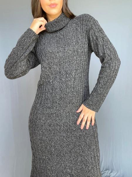 Imagem de Vestido de Tricot Feminino Longo Gola Alta Soltinho Tricô Inverno Mousse Elegante