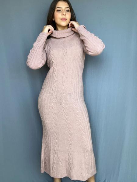 Imagem de Vestido de Tricot Feminino Longo Gola Alta Soltinho Tricô Inverno Mousse Elegante