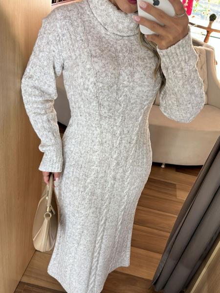 Imagem de Vestido de Tricot Feminino Longo Gola Alta Soltinho Tricô Inverno Mousse Elegante