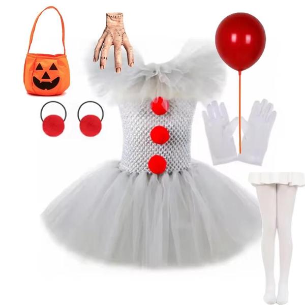 Imagem de Vestido de Tutu de Palhaço Cinza para Meninas - Fantasia de Halloween e Carnaval