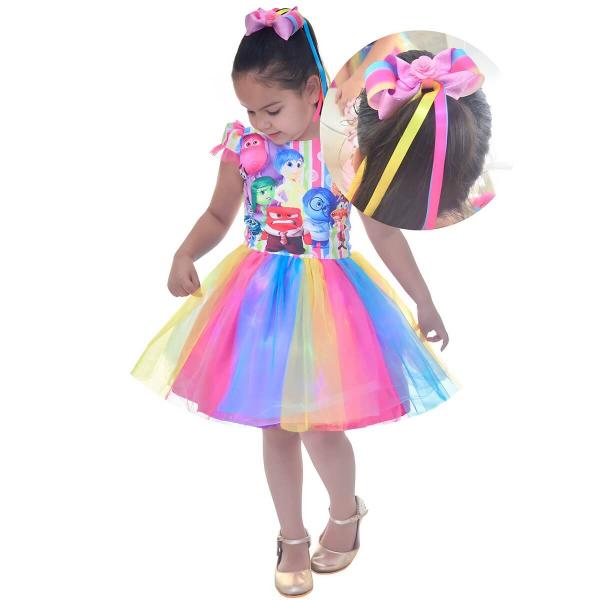 Imagem de Vestido DivertidaMente 2 - Saia Tutu Colorido Luxo + Laço Cabelo