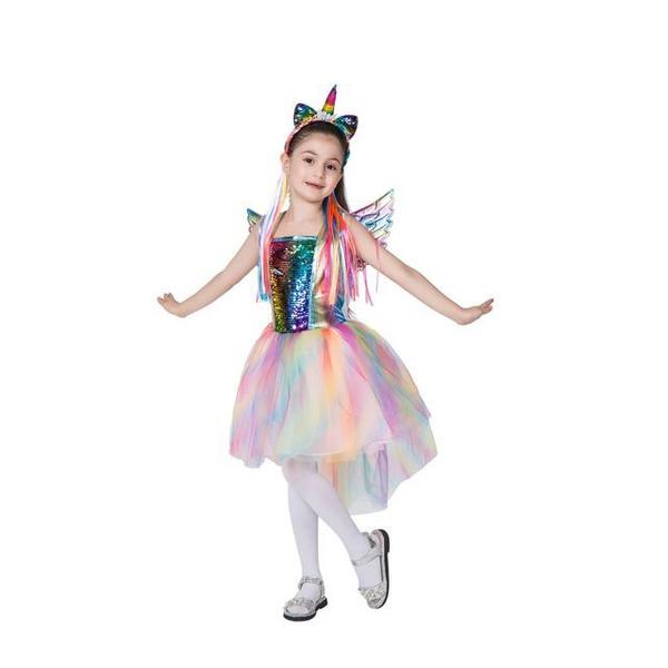 Imagem de Vestido Fantasia Carnaval Halloween Unicórnio Com Saia Tule Asas e Tiara