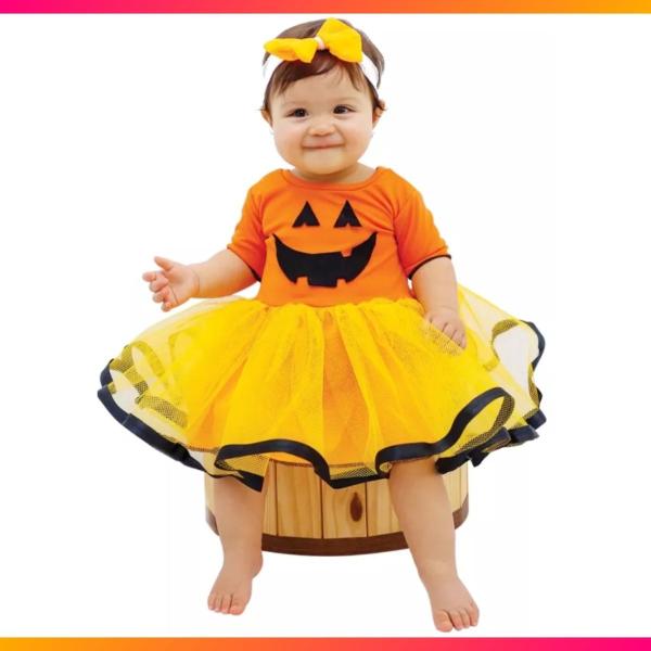 Imagem de Vestido Fantasia Infantil Hallowen Abobora Dia das Bruxas Elegante