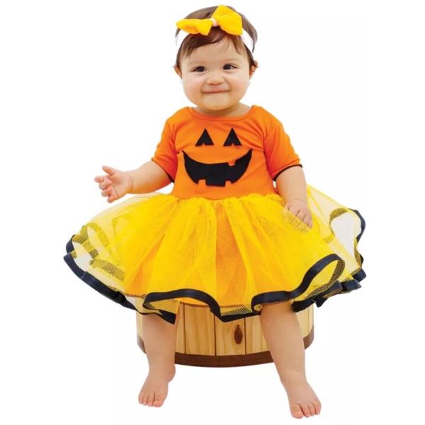 Imagem de Vestido Fantasia Infantil Hallowen Abobora Dia das Bruxas Elegante