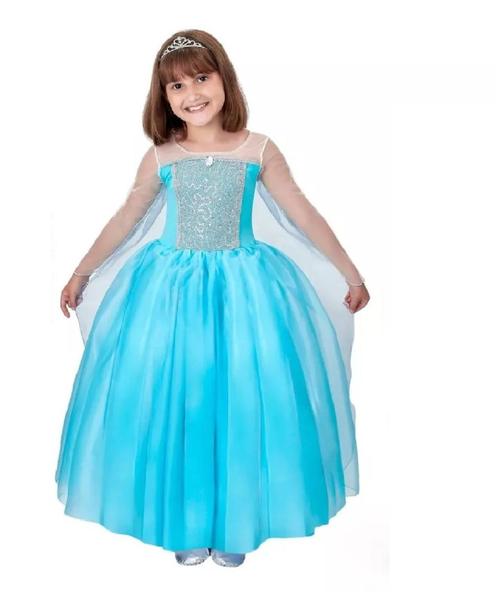 Imagem de Vestido Fantasia Infantil Rainha Elsa Frozen c/ Capa Varinha e Coroa