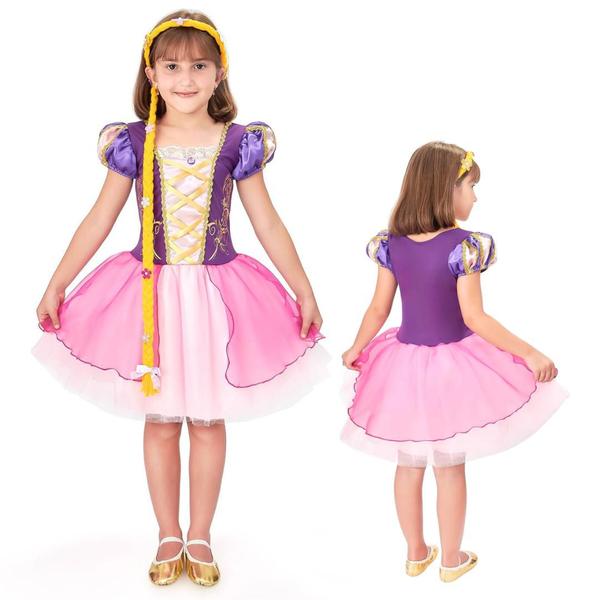 Imagem de Vestido Fantasia Princesa Rapunzel Enrolados Curto Menina Luxo + Trança