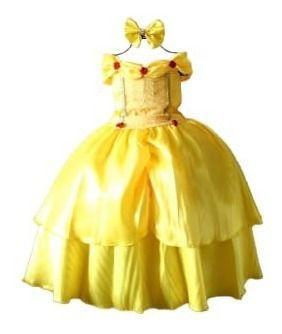 Vestido Festa Fantasia Princesa Bela Luxo Infantil E Tiara
