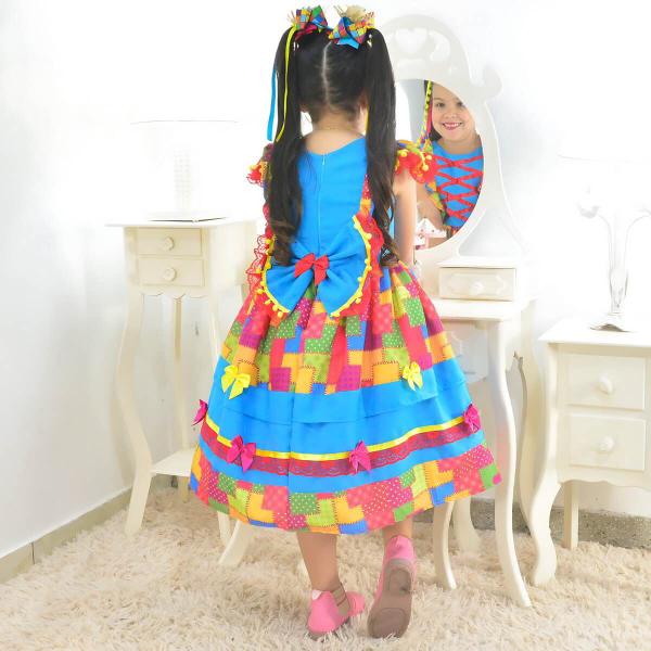 Imagem de Vestido Festa Junina Azul Estampa Efeito Retalho + 2 Laços