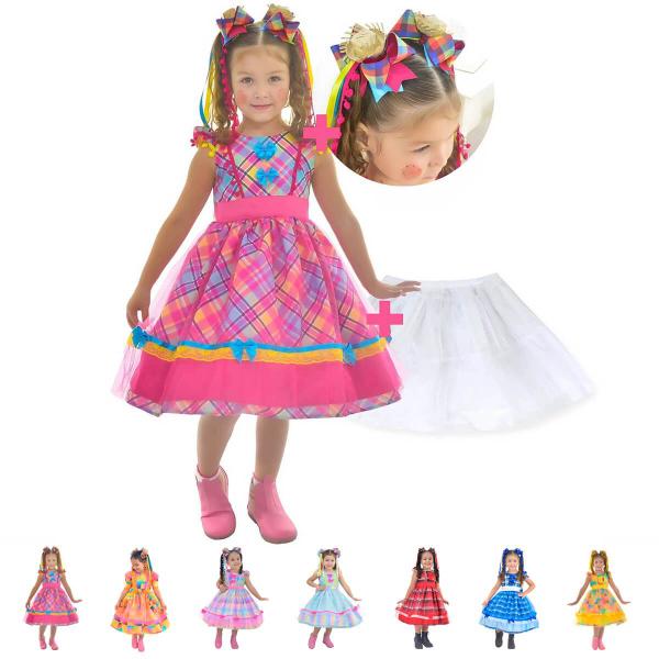 Imagem de Vestido Festa Junina Luxo Várias Cores + 2 Enfeite Cabelo + Saia Armação