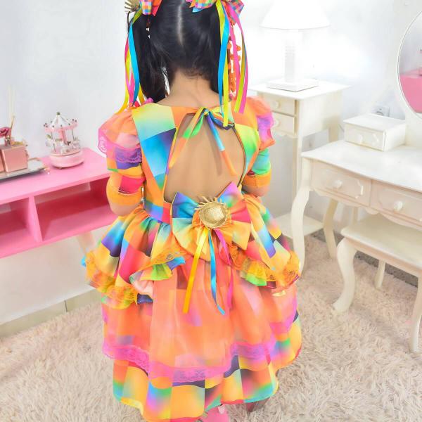 Imagem de Vestido Festa Junina Xadrez Laranja Neon Luxuoso