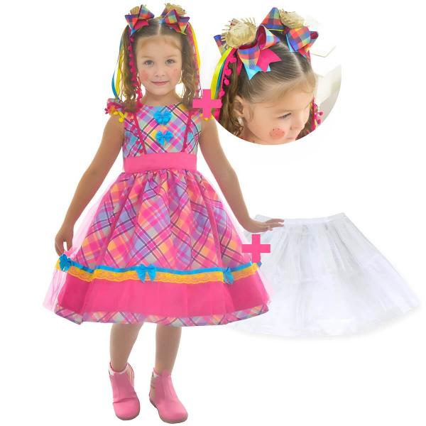 Imagem de Vestido Festa Junina Xadrez Rosa Pink + Saia de Armação + 2 Laços