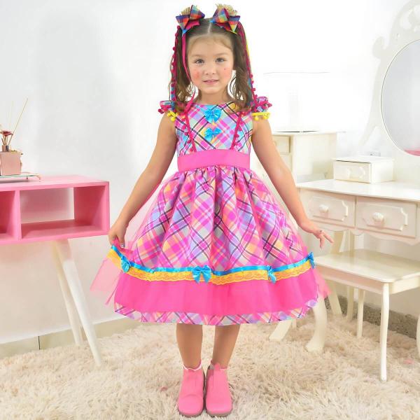 Imagem de Vestido Festa Junina Xadrez Rosa Pink + Saia de Armação + 2 Laços